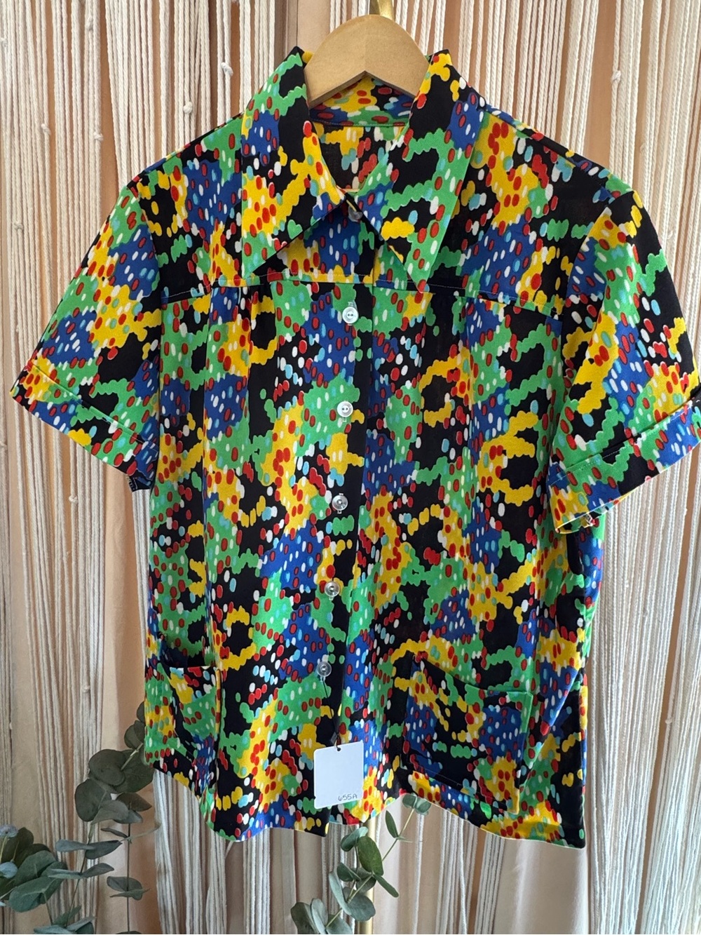 Unisex Vintage 70s multicolor Abstract Pointillism Button Down Shirt disco top